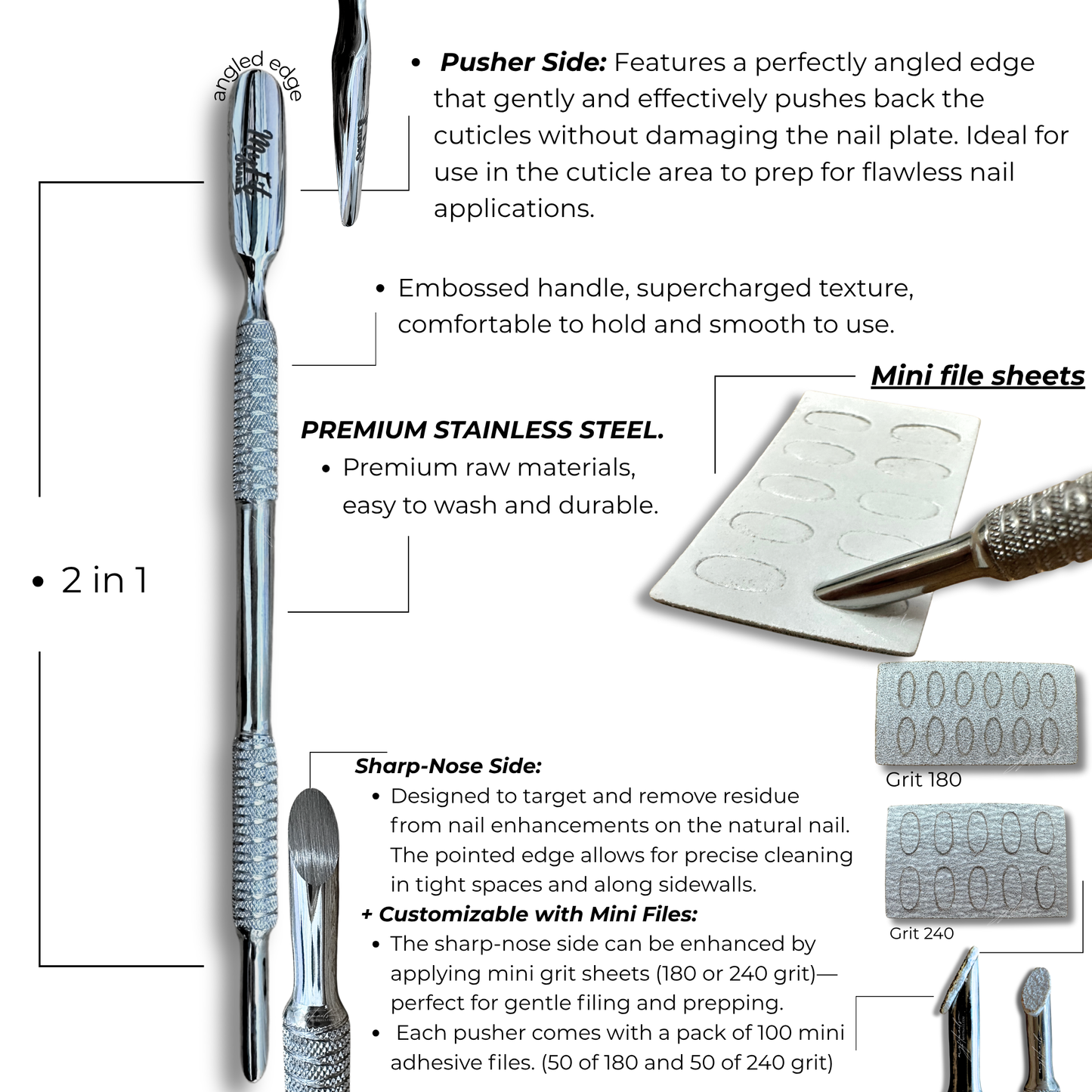 Premium Double-End Cuticle Pusher + Mini Sheets 180/240 Grit