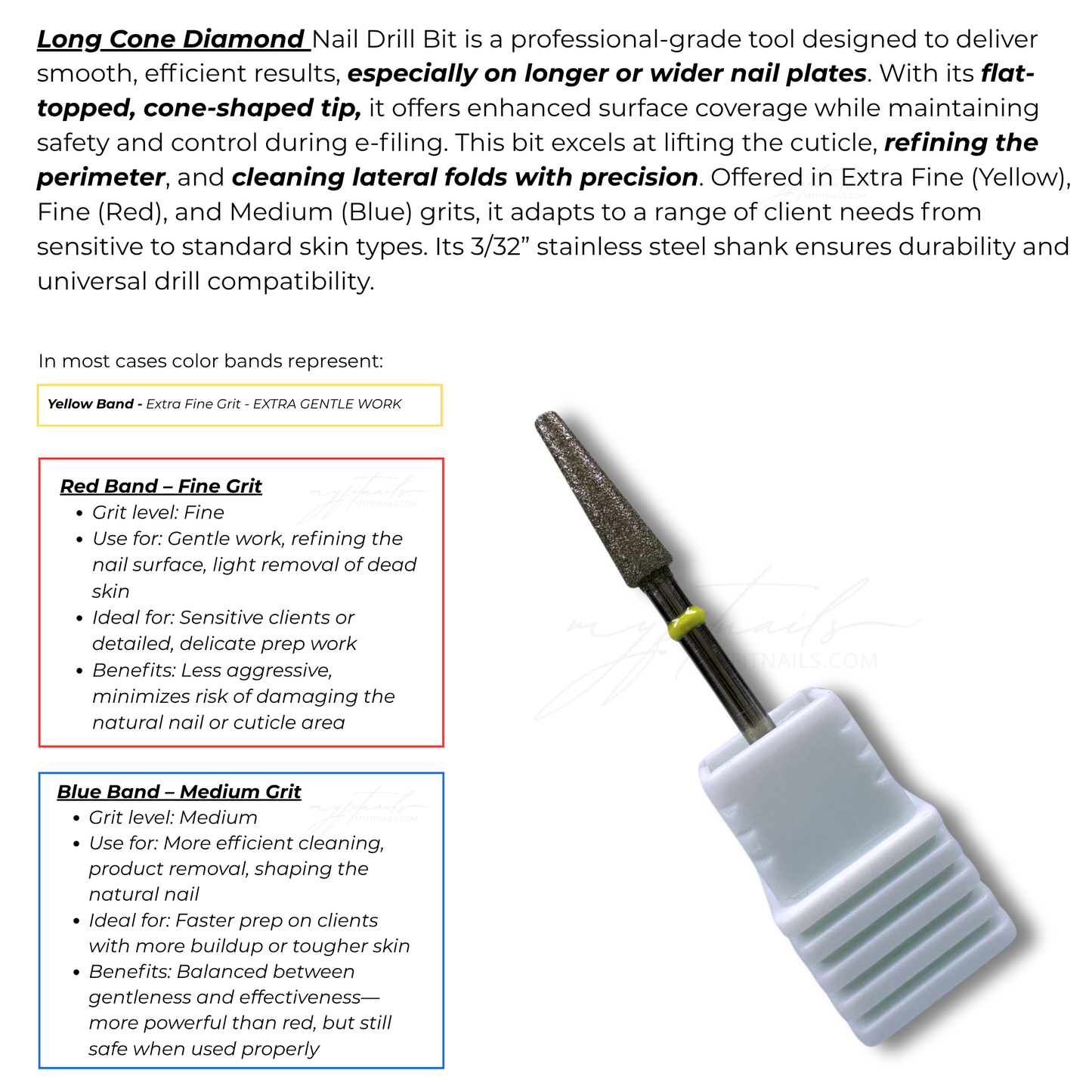 Long Cone Diamond Nail Drill Bit - Extra Fine (Yellow)