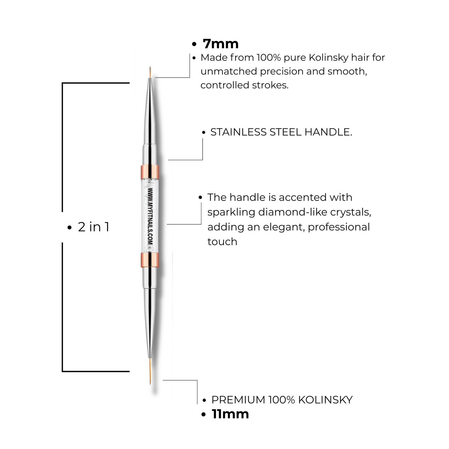 Dual-Ended Liner Nail Art Brush Made With Premium 100% Kolinsky - 7mm + 11mm