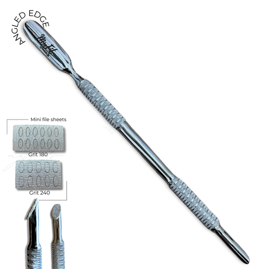 Premium Double-End Cuticle Pusher + Mini Sheets 180/240 Grit