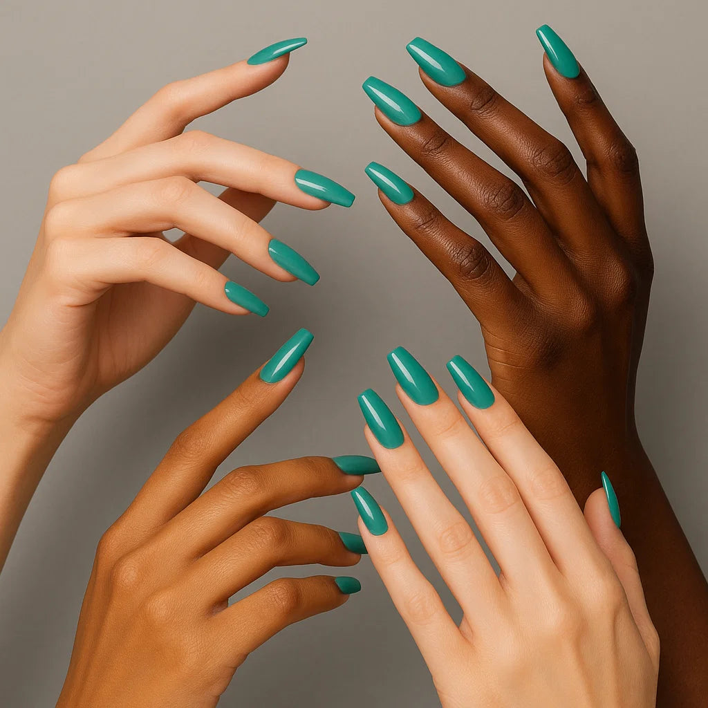 Four female hands modeling MyFit Nails Emerald Green acrylic polymer with ProFlex Coffin Nail Tips.
