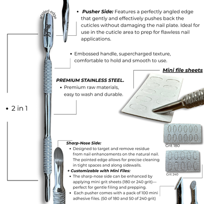 Premium Double-End Cuticle Pusher + Mini Sheets 180/240 Grit
