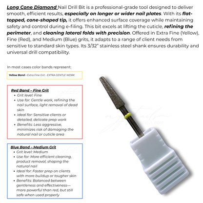 Long Cone Diamond Nail Drill Bit - Extra Fine (Yellow)