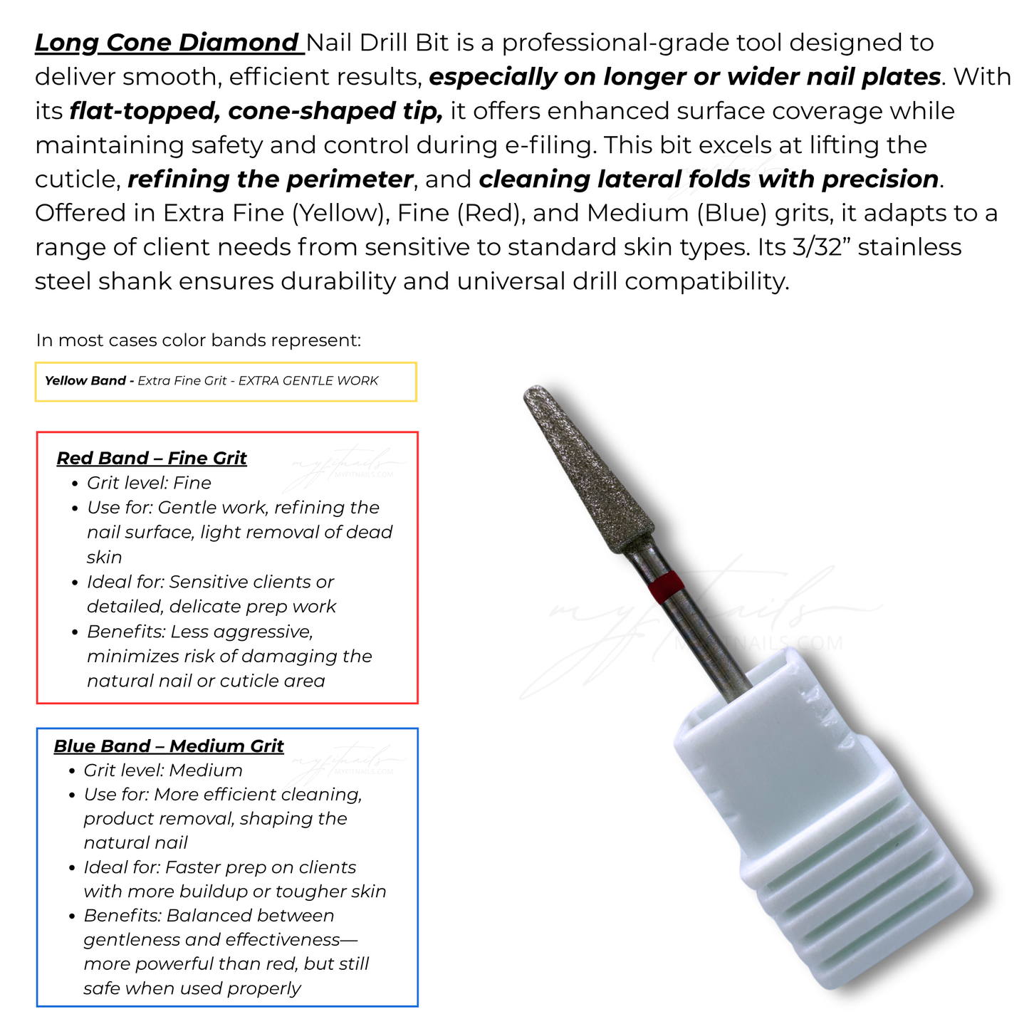 Long Cone Diamond Nail Drill Bit - Fine (Red)