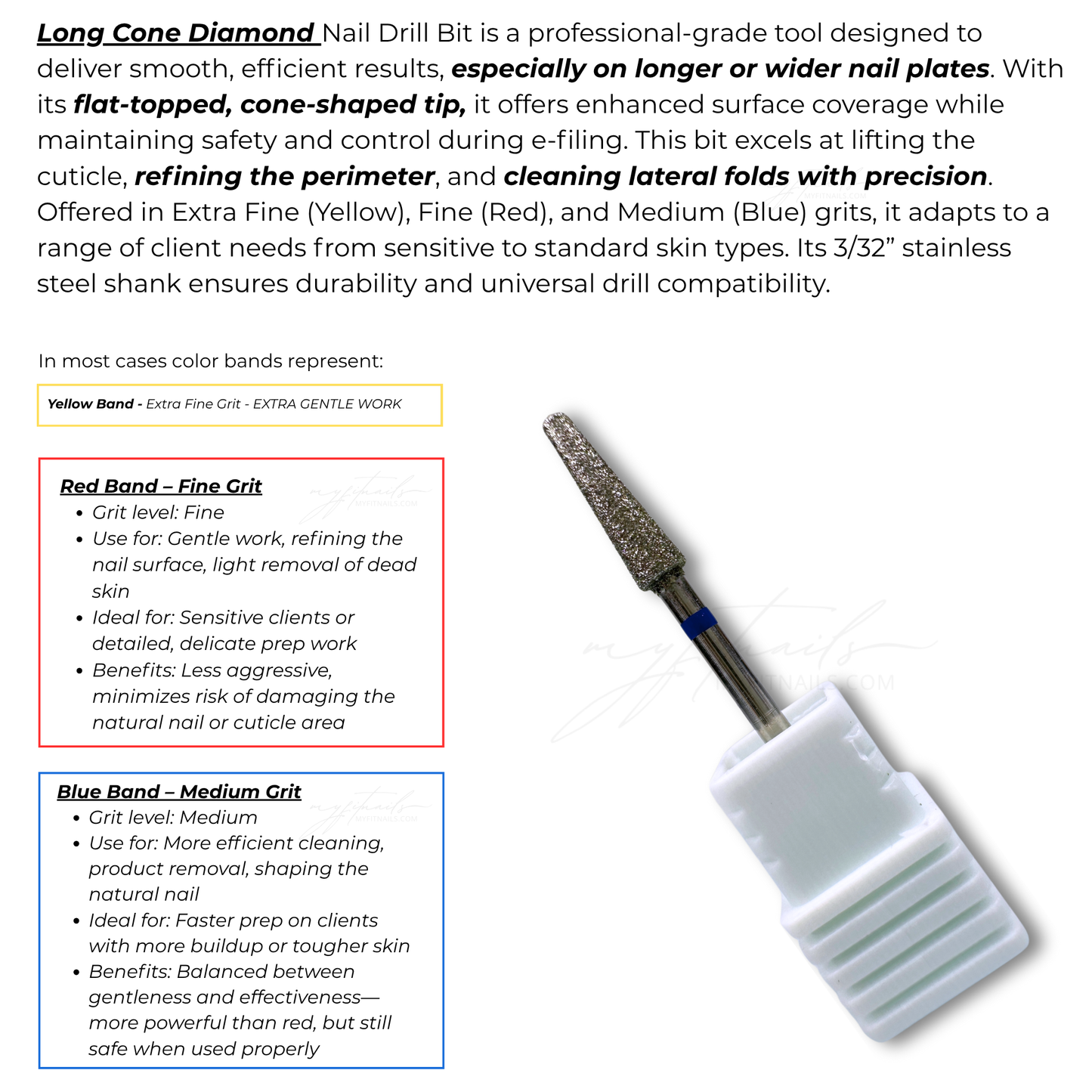 Long Cone Diamond Nail Drill Bit - Medium (Blue)
